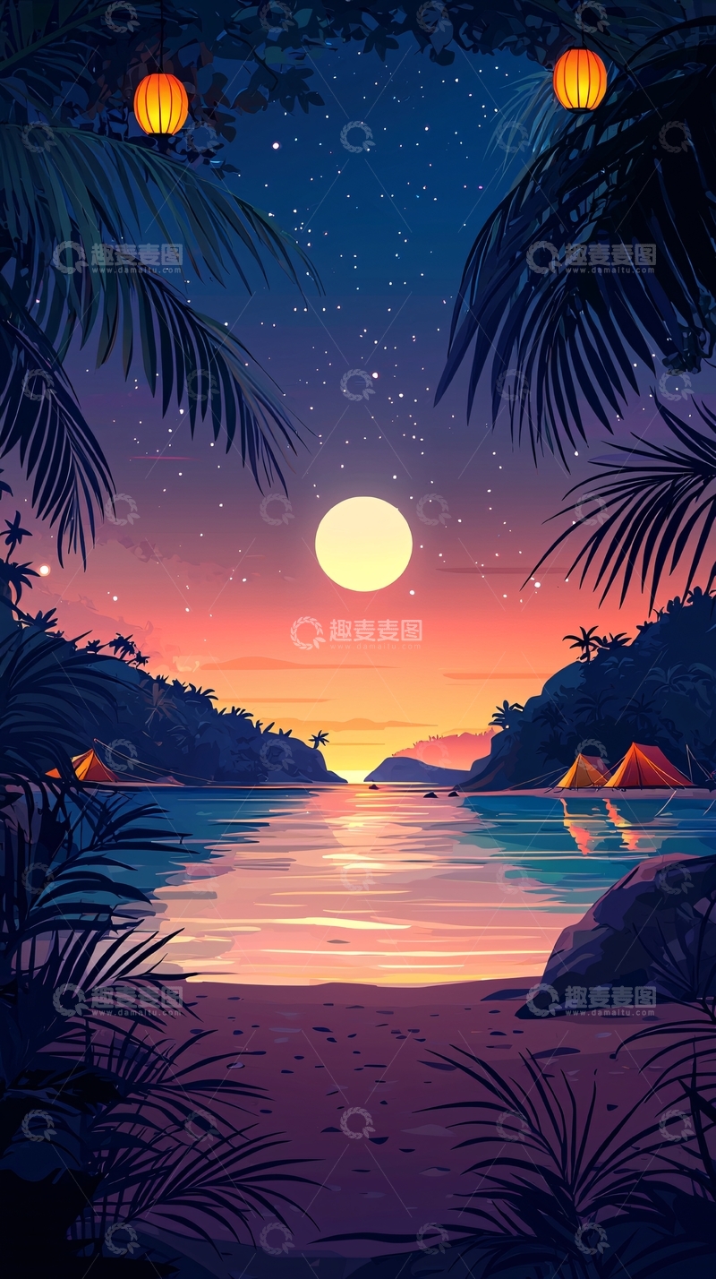 高清大图下载【趣麦麦图】热带海滩夜晚风景