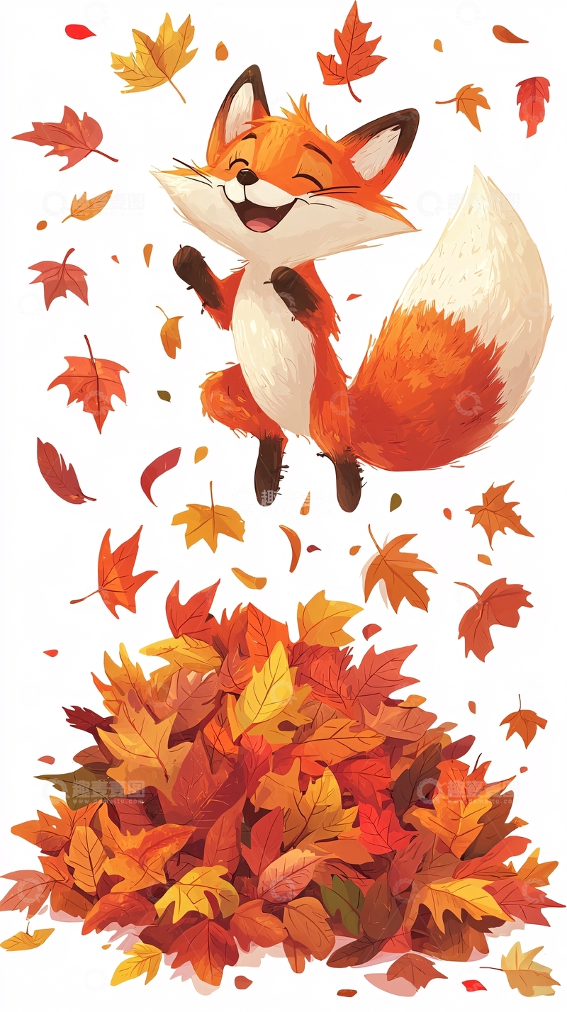 高清大图下载【趣麦麦图】快乐的小狐狸跳跃枫叶堆