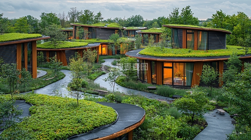 高清大图下载【趣麦麦图】绿色屋顶建筑群