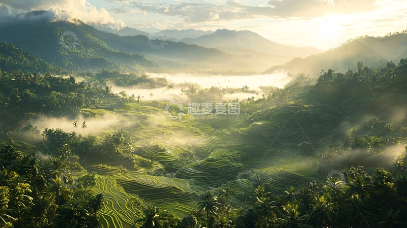 高清大图下载【趣麦麦图】阳光洒在山谷的雾气中