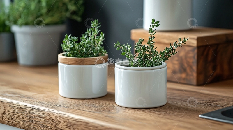高清大图下载【趣麦麦图】盆栽百里香在木桌上