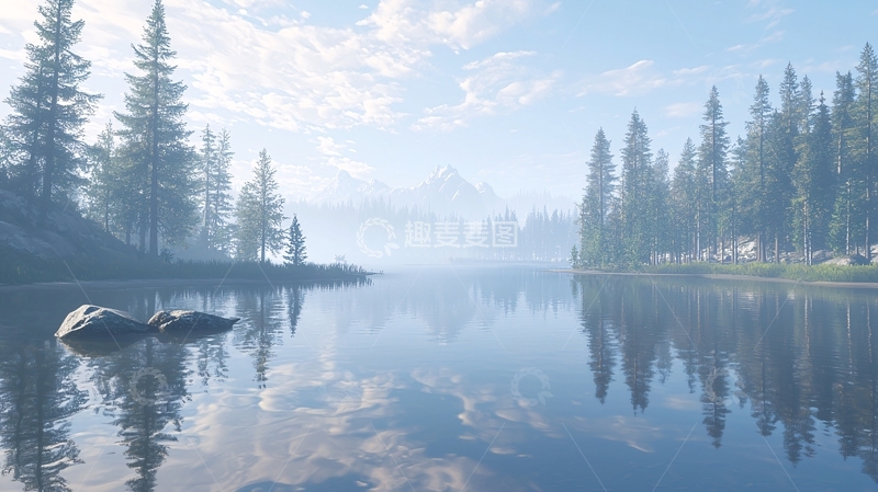 高清大图下载【趣麦麦图】清晨薄雾笼罩下的宁静湖泊
