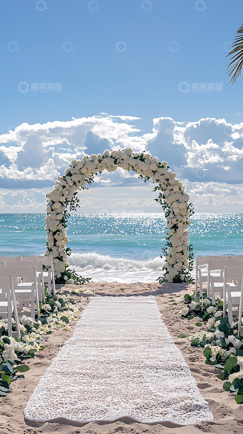 高清大图下载【趣麦麦图】海边白色鲜花拱门婚礼