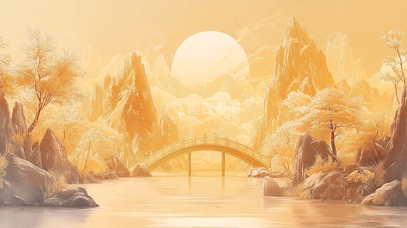 高清大图下载【趣麦麦图】金色山水桥梁日出景色