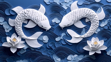 蓝底白鲤鱼剪纸艺术