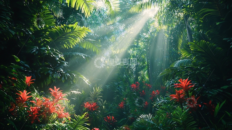 高清大图下载【趣麦麦图】热带雨林光线透过树叶