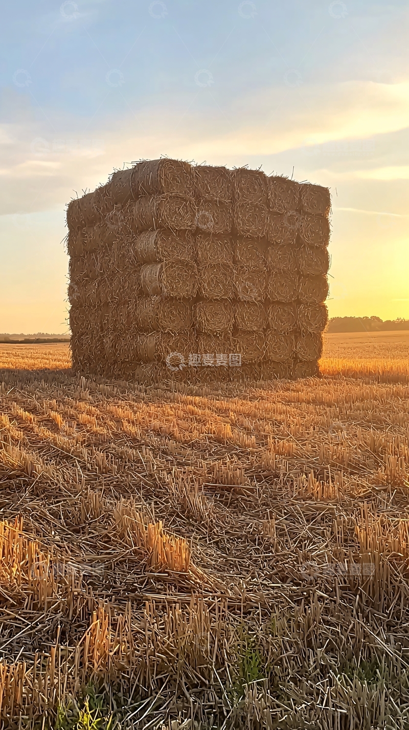 高清大图下载【趣麦麦图】田野里巨大的稻草立方体