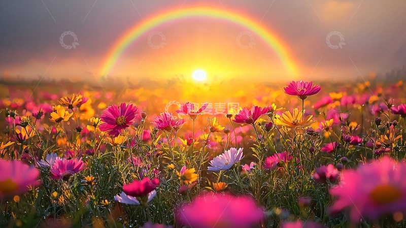 高清大图下载【趣麦麦图】日出彩虹花海