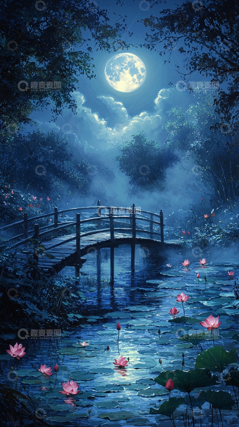 高清大图下载【趣麦麦图】月夜下的桥和荷花池
