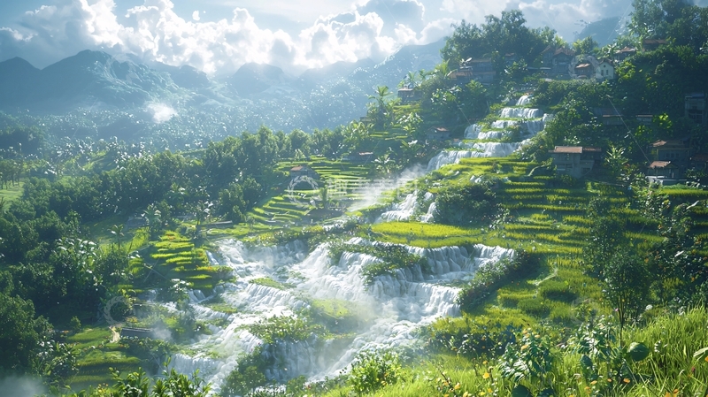 高清大图下载【趣麦麦图】梯田瀑布风景