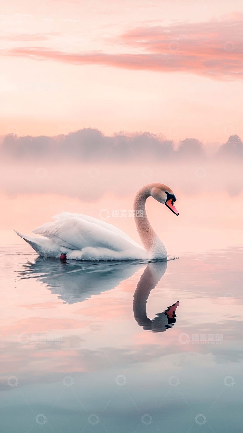 高清大图下载【趣麦麦图】清晨薄雾中优雅的天鹅