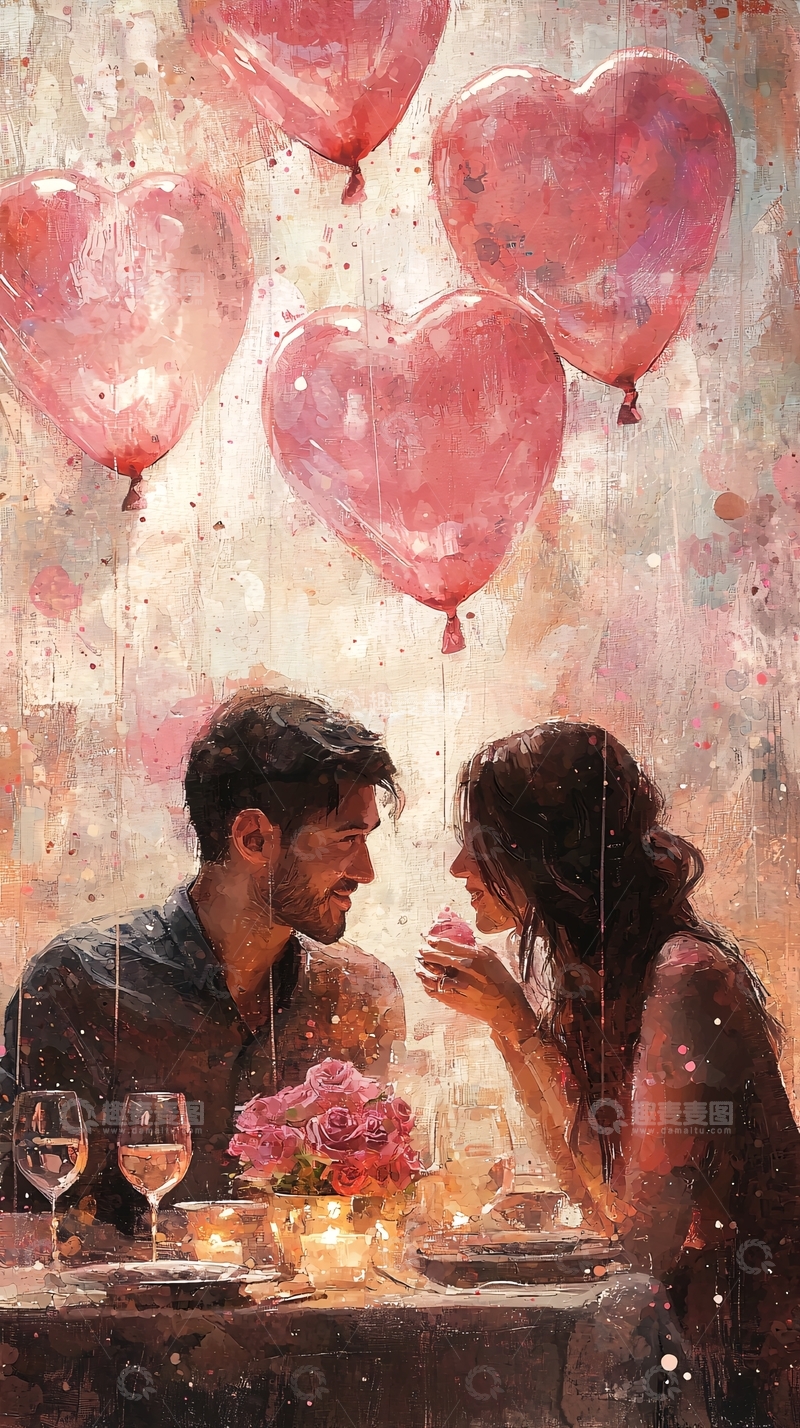 高清大图下载【趣麦麦图】粉色爱心气球浪漫晚餐