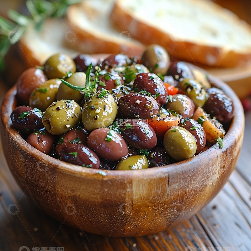 高清大图下载【趣麦麦图】木碗里的橄榄和面包片