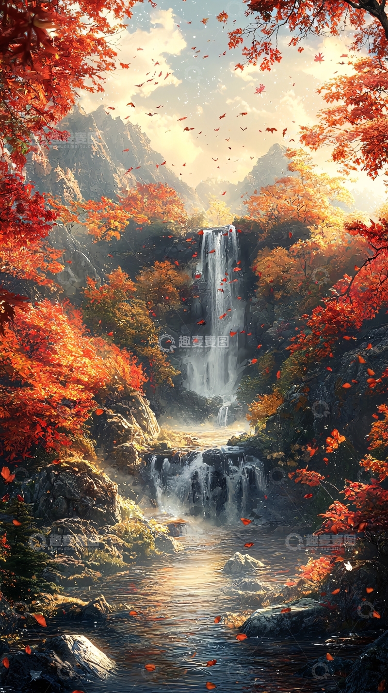 高清大图下载【趣麦麦图】秋枫落叶瀑布山景