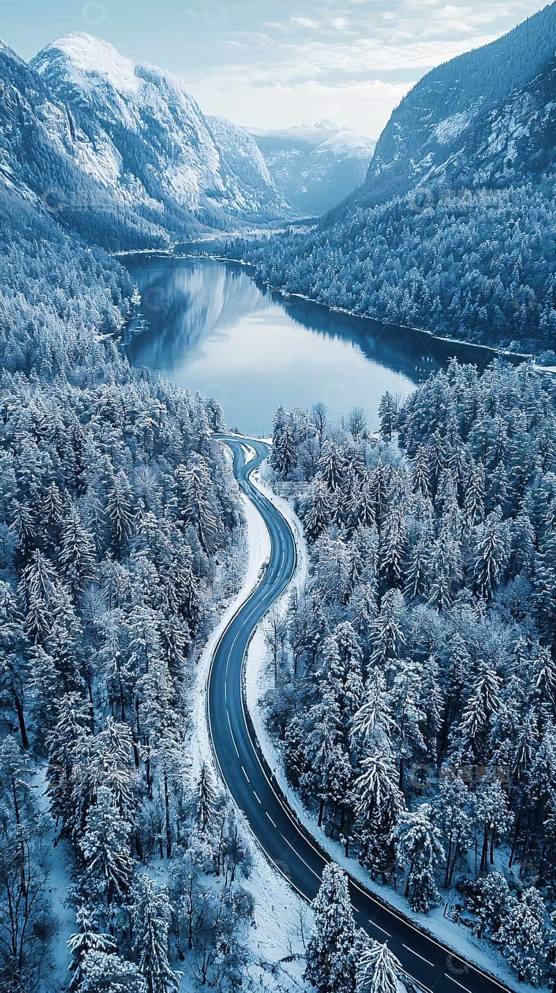 高清大图下载【趣麦麦图】雪山环绕的湖泊公路