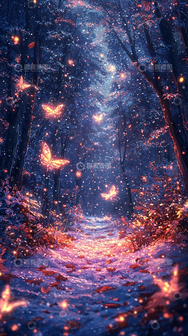 高清大图下载【趣麦麦图】梦幻森林蝴蝶飞舞