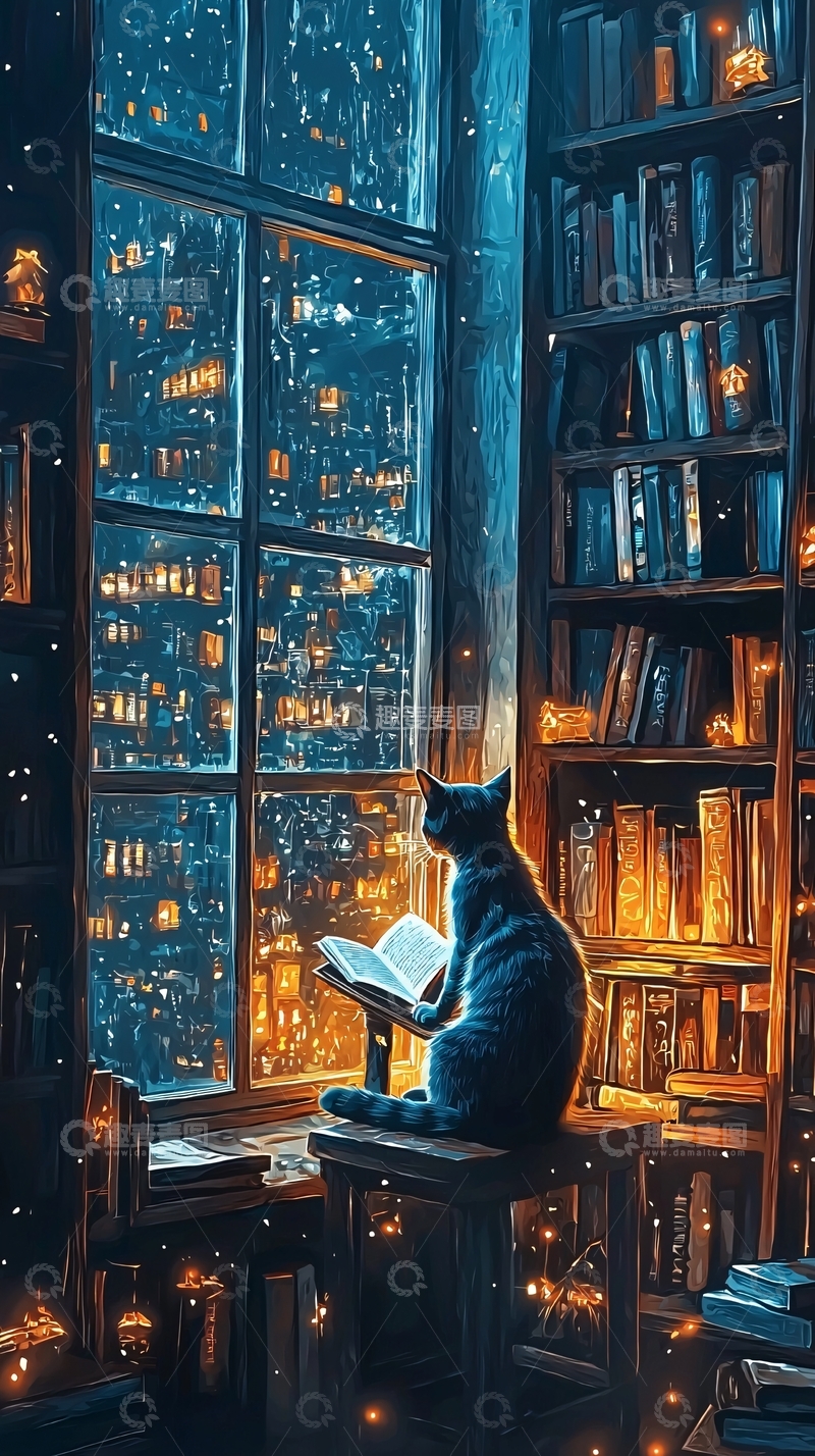 高清大图下载【趣麦麦图】夜晚书房猫咪看书