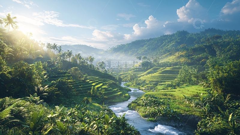 高清大图下载【趣麦麦图】清晨阳光下的山谷河流