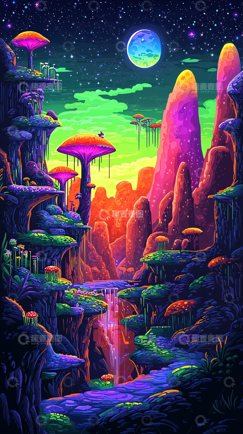高清大图下载【趣麦麦图】奇幻多彩的蘑菇山谷夜景