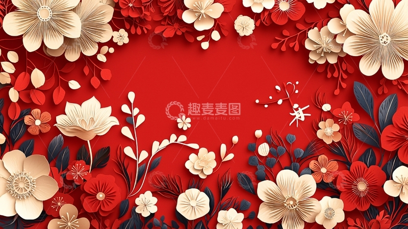 高清大图下载【趣麦麦图】红底纸艺花卉背景