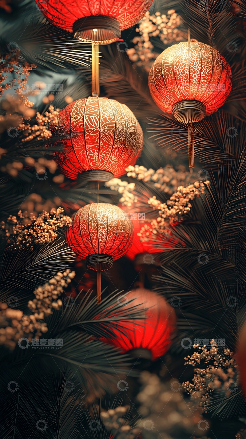 高清大图下载【趣麦麦图】红色灯笼和植物的特写