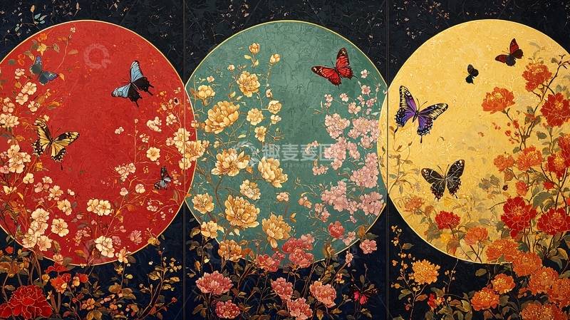 高清大图下载【趣麦麦图】圆形花卉蝴蝶图案