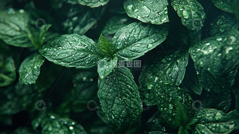 高清大图下载【趣麦麦图】雨后薄荷叶特写