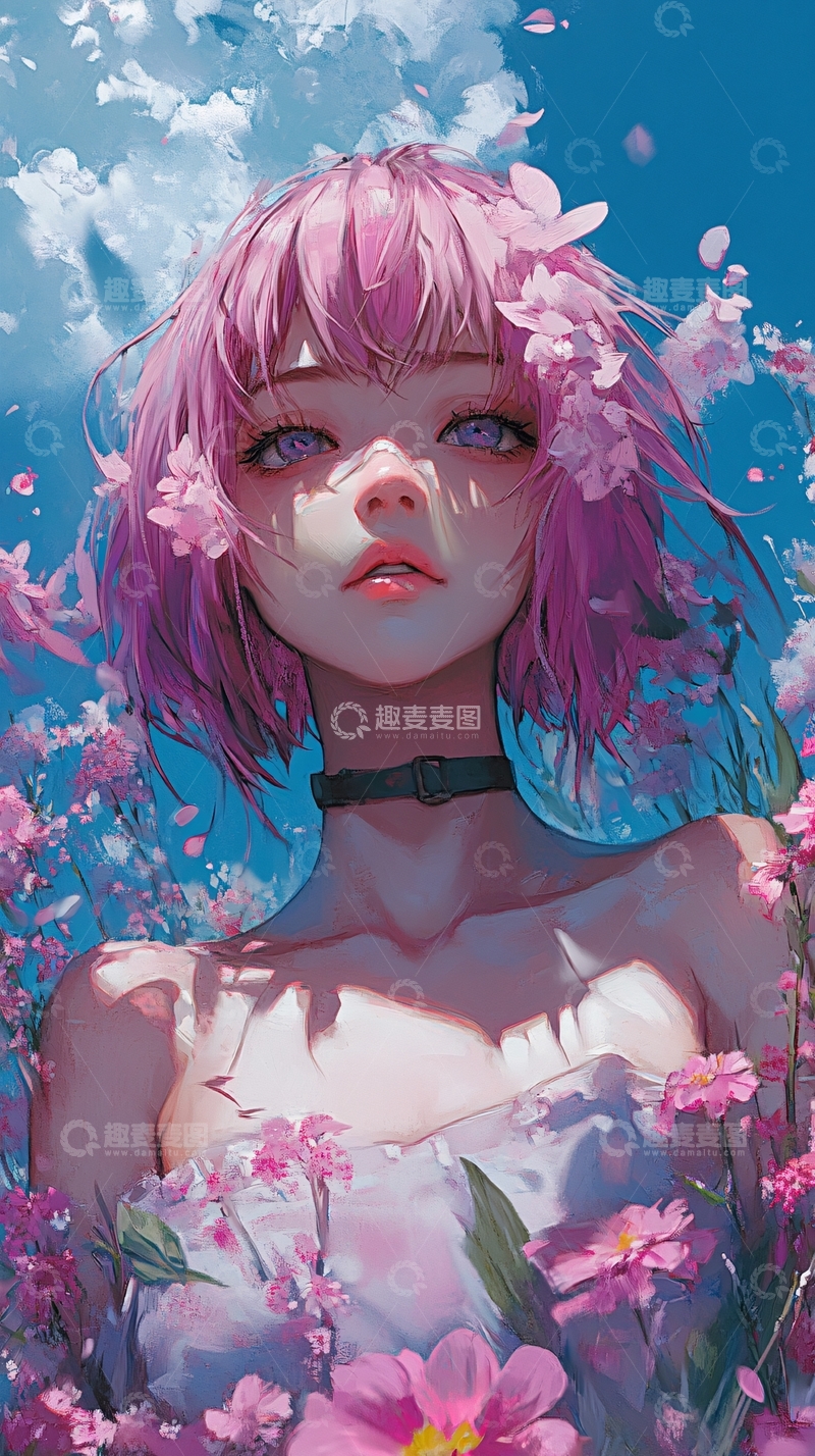 高清大图下载【趣麦麦图】粉色短发少女