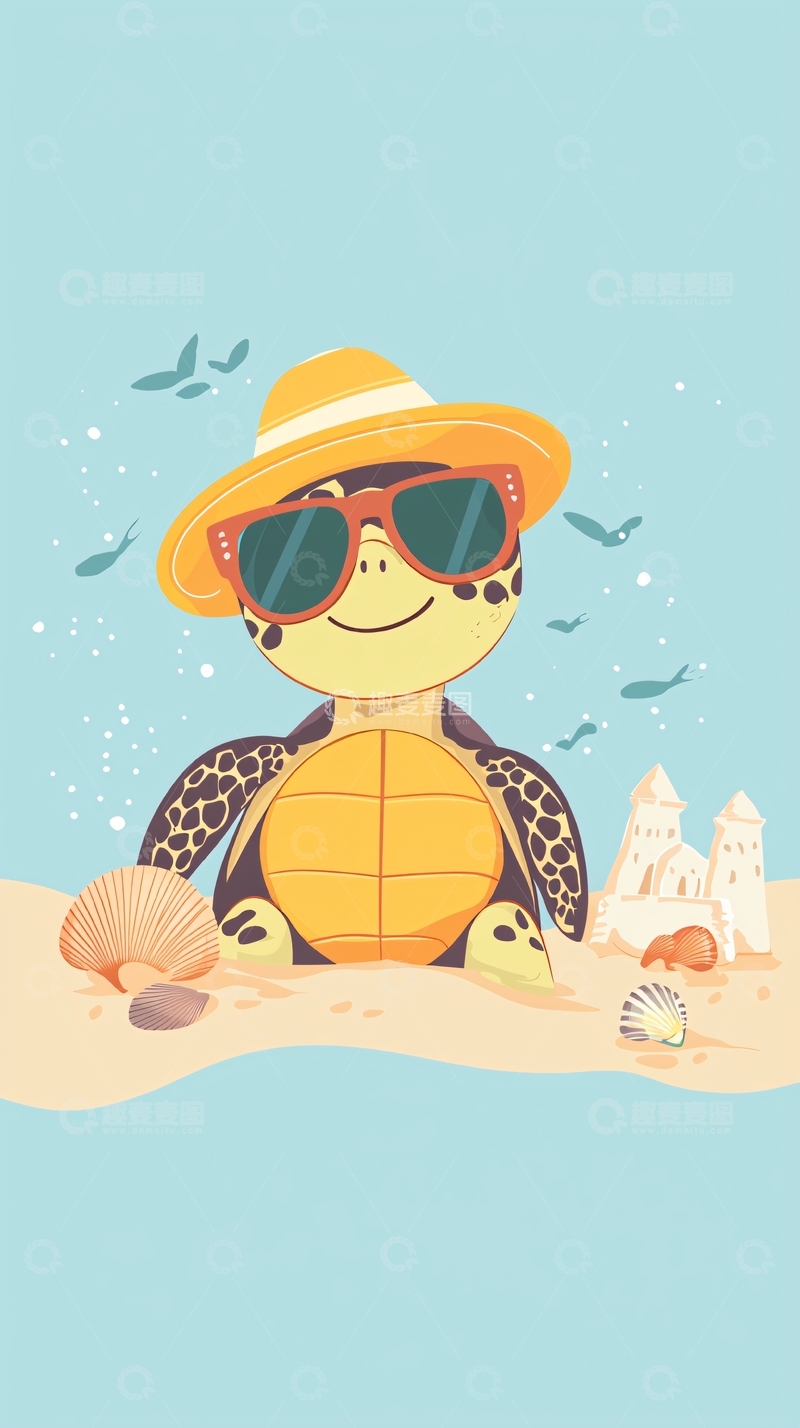 高清大图下载【趣麦麦图】戴墨镜的卡通海龟沙滩度假