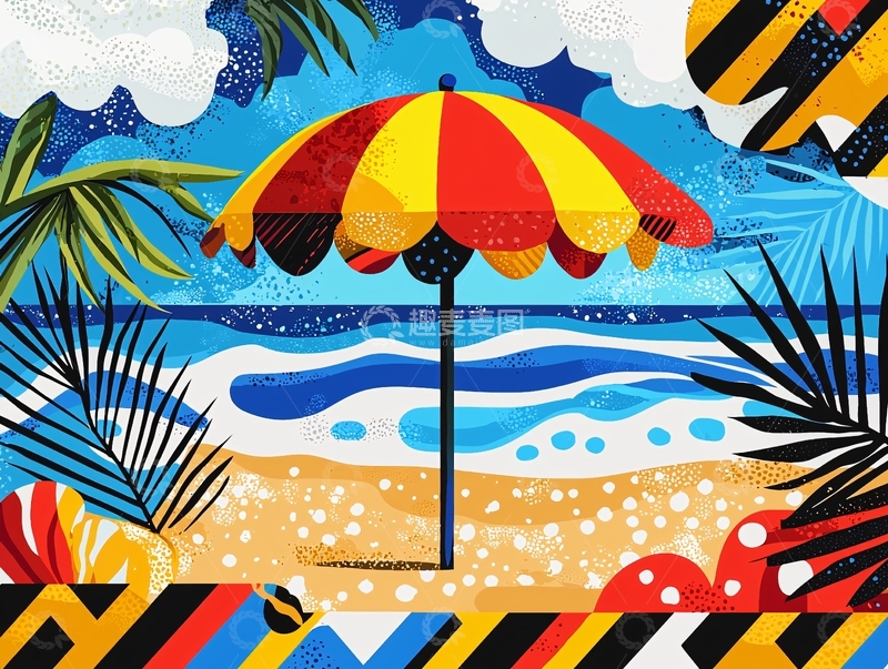 高清大图下载【趣麦麦图】沙滩伞下的热带海滩