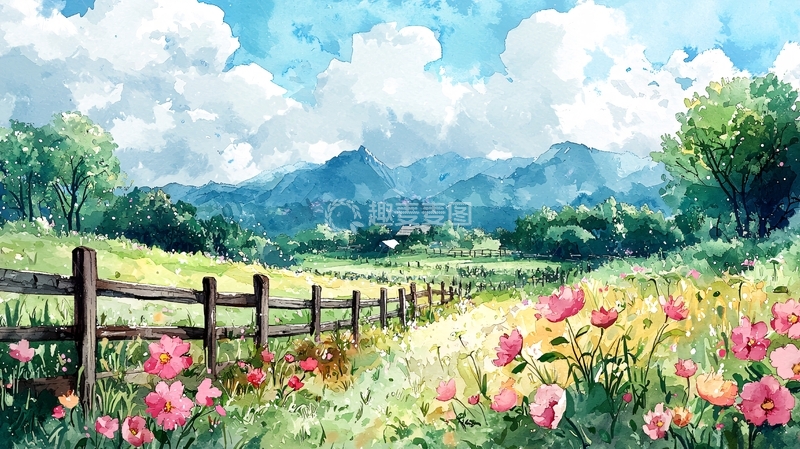 高清大图下载【趣麦麦图】田园风光水彩画