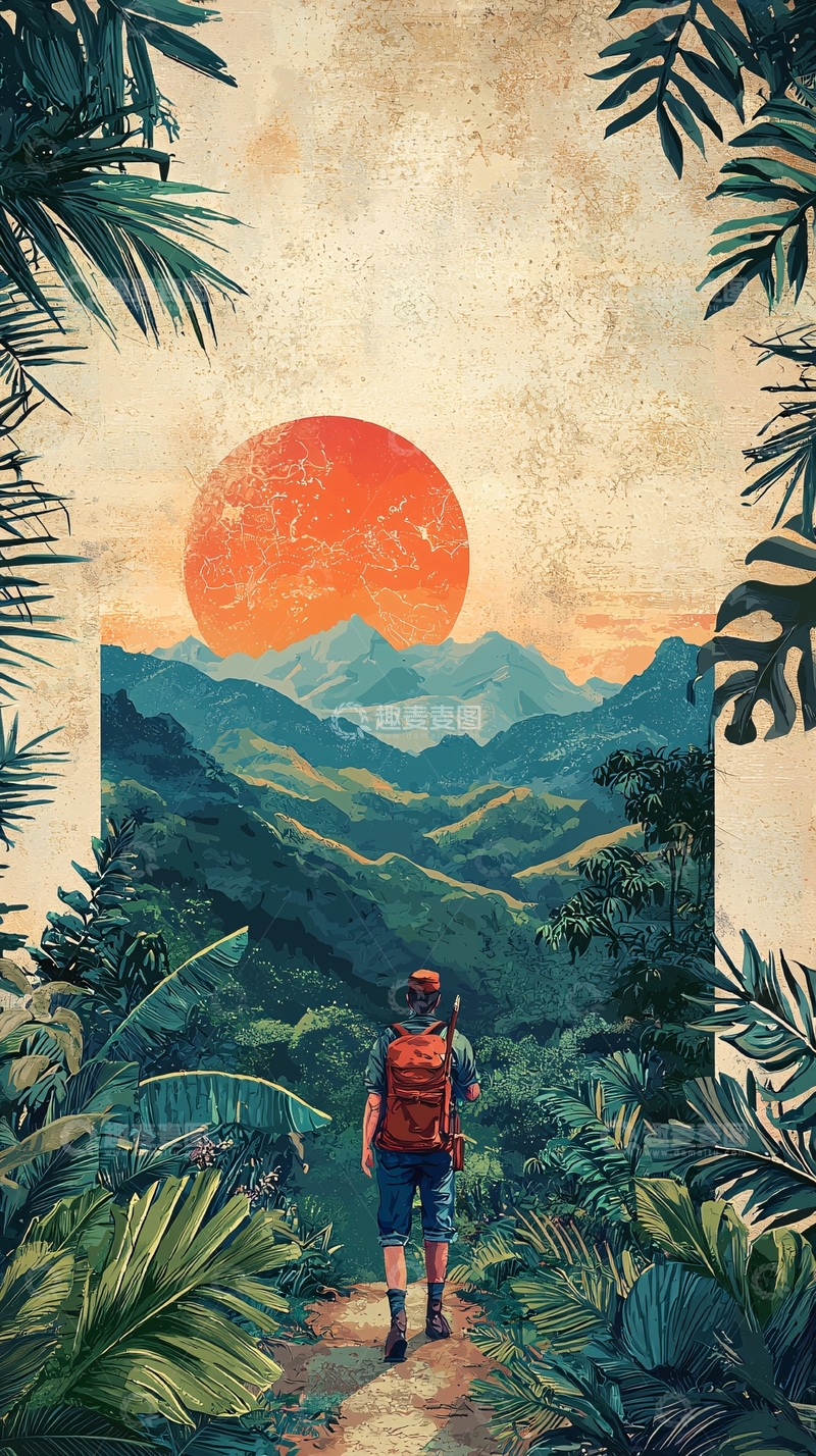 高清大图下载【趣麦麦图】徒步旅行者日落山脉风景