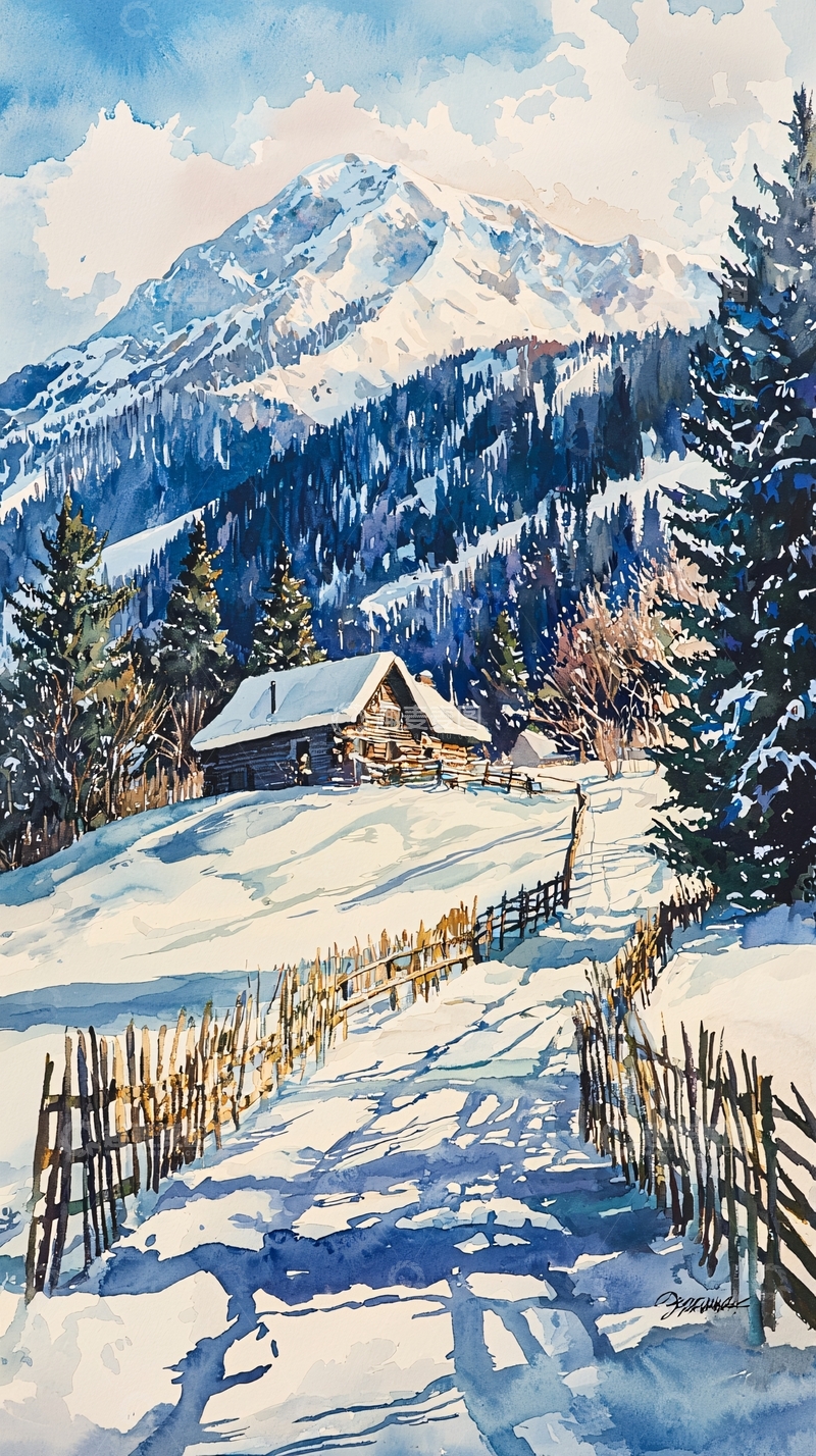 高清大图下载【趣麦麦图】雪山小屋冬日风景