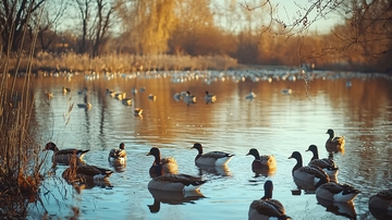 夕阳下的湖边野鸭群