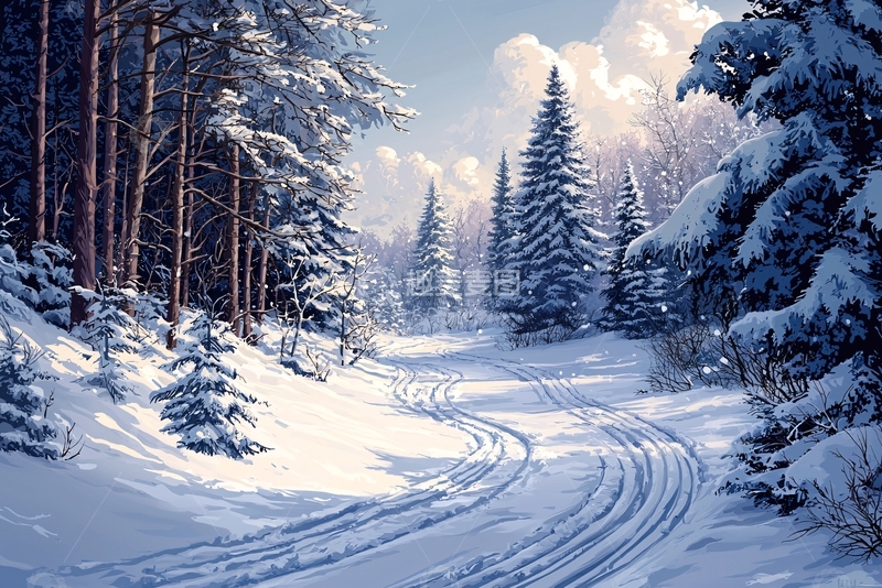 高清大图下载【趣麦麦图】雪地森林小路