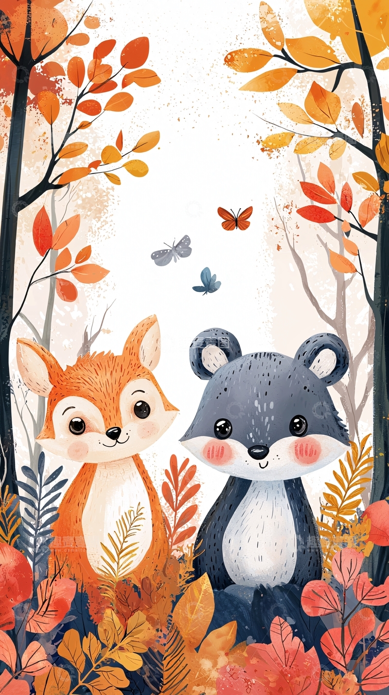 高清大图下载【趣麦麦图】秋日森林里的小狐狸和小熊