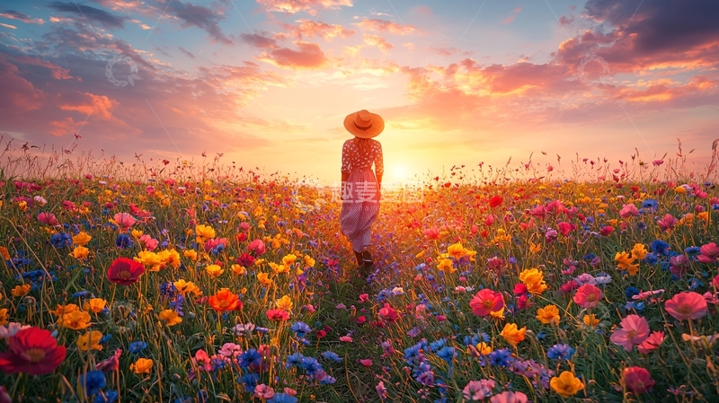 高清大图下载【趣麦麦图】夕阳下花田中的女孩