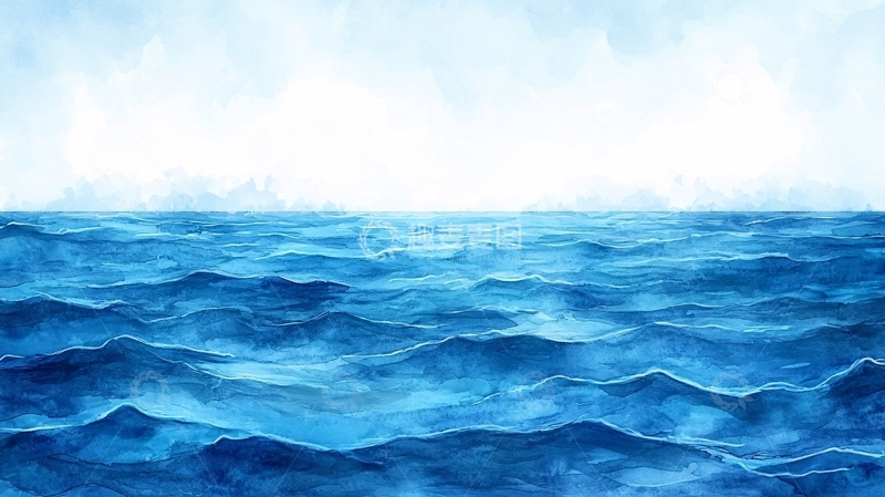 高清大图下载【趣麦麦图】蓝色海面水彩画