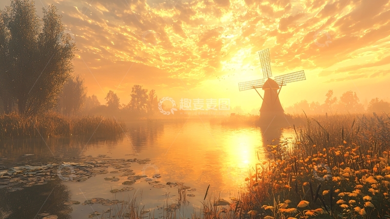 高清大图下载【趣麦麦图】日出风车田园风光