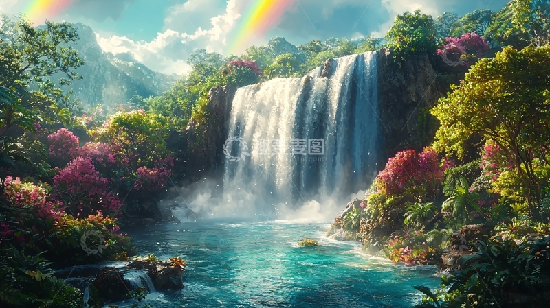 高清大图下载【趣麦麦图】梦幻瀑布彩虹天堂