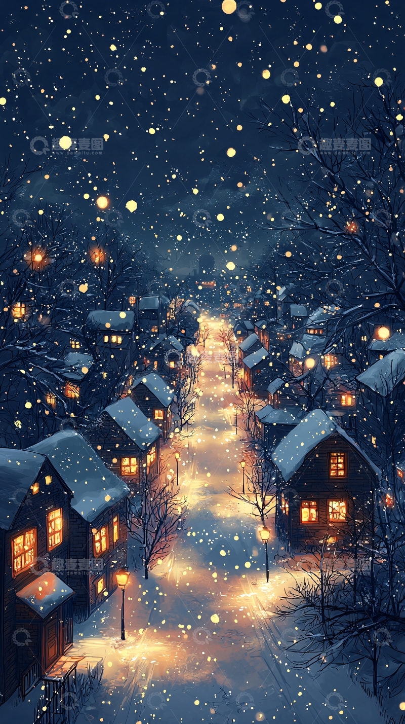 高清大图下载【趣麦麦图】冬夜雪景小镇