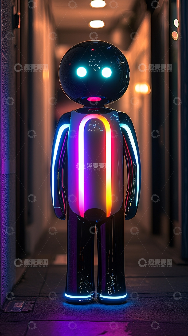 高清大图下载【趣麦麦图】夜间巷弄发光机器人
