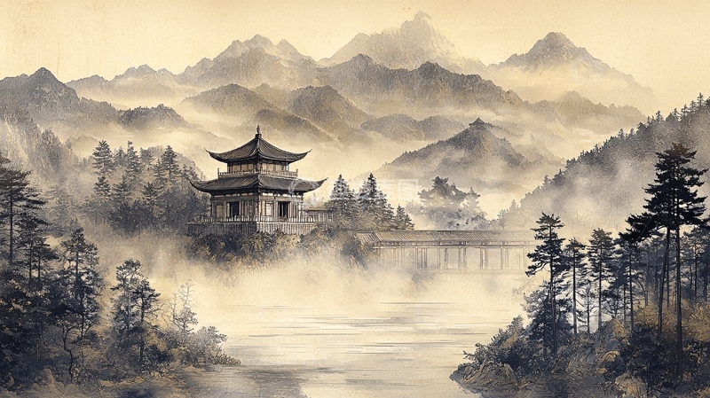 高清大图下载【趣麦麦图】水墨山水间的亭台楼阁