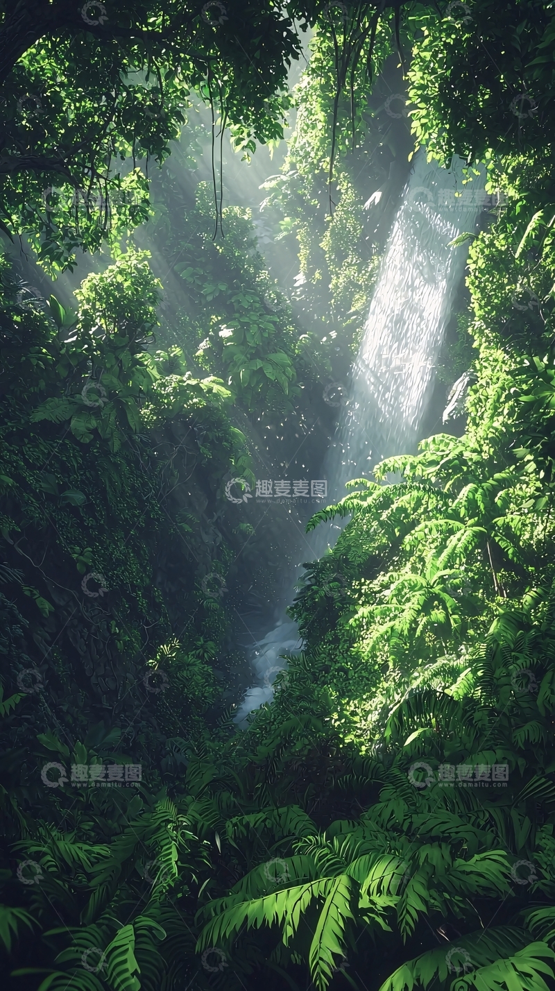 高清大图下载【趣麦麦图】阳光透过树林瀑布