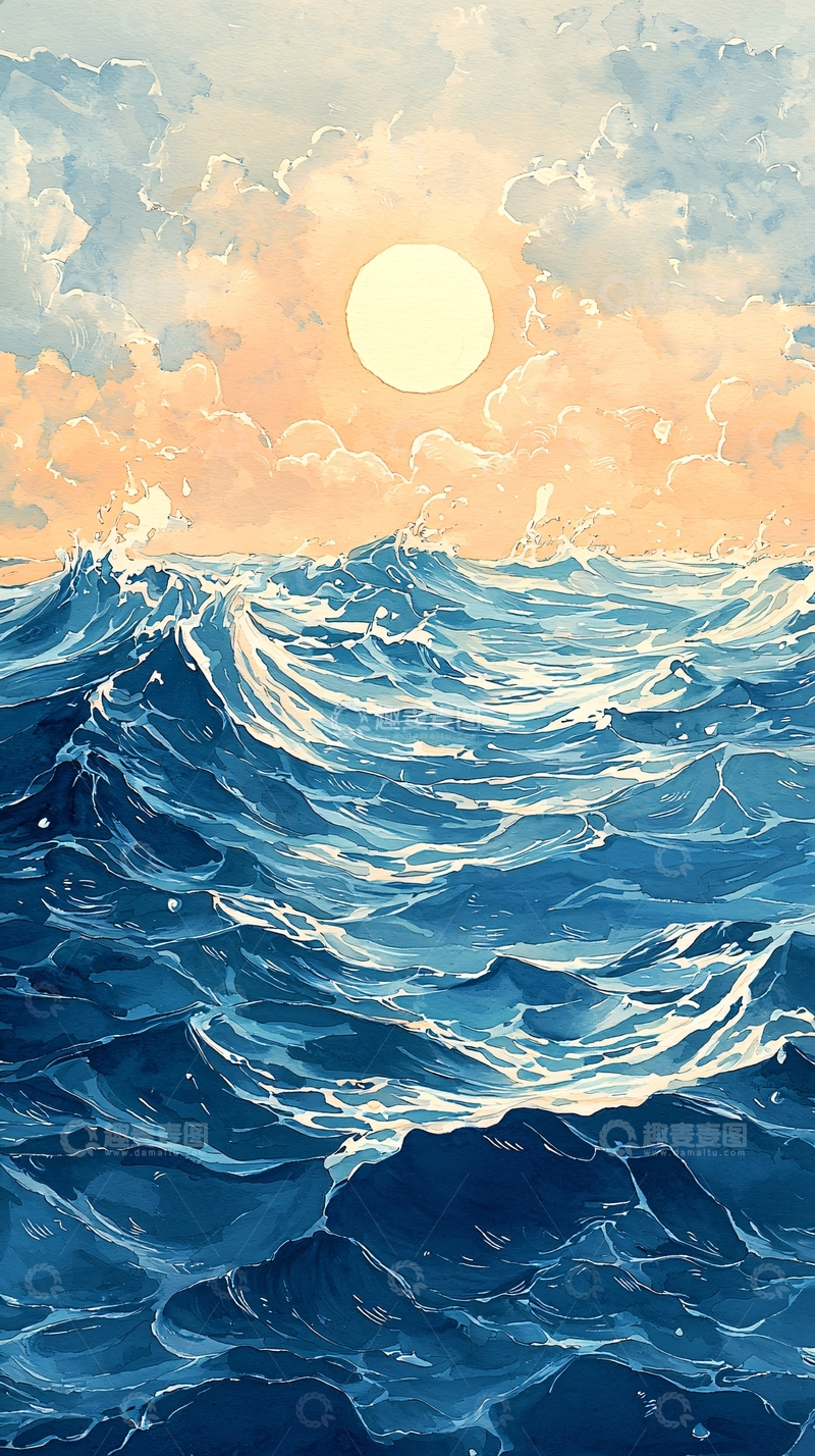 高清大图下载【趣麦麦图】海浪翻滚的阳光水彩画