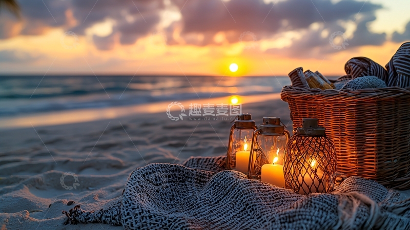 高清大图下载【趣麦麦图】海滩日落野餐