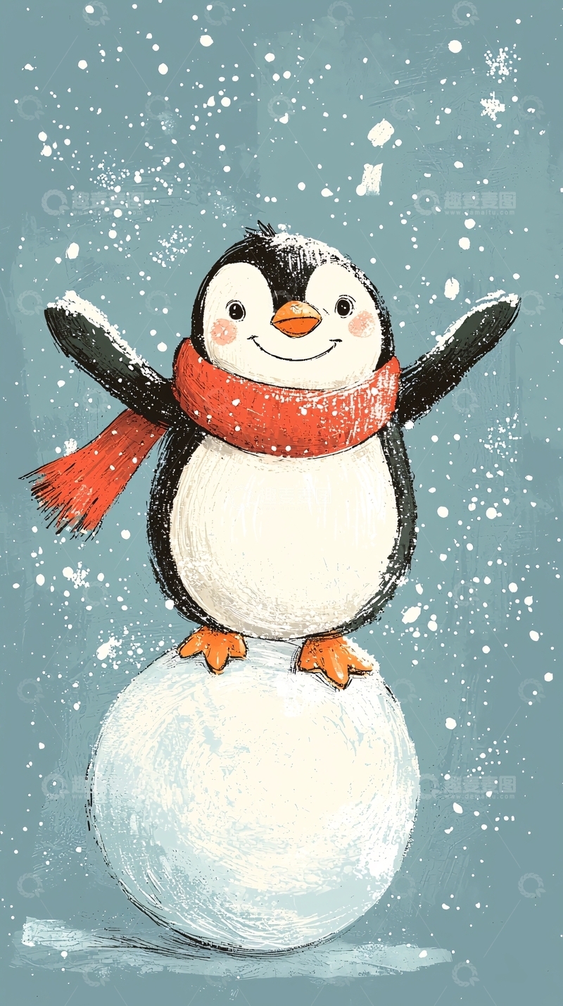 高清大图下载【趣麦麦图】快乐企鹅站在雪球上