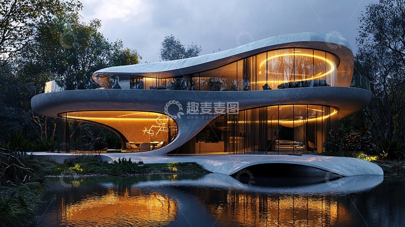 高清大图下载【趣麦麦图】流线型现代别墅夜景