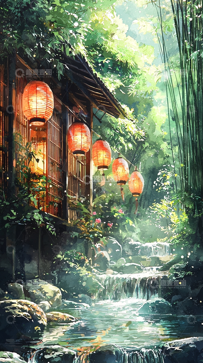 高清大图下载【趣麦麦图】日式庭院溪流风景