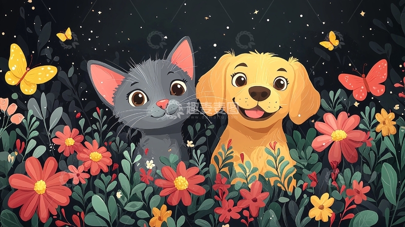 高清大图下载【趣麦麦图】猫咪狗狗花丛
